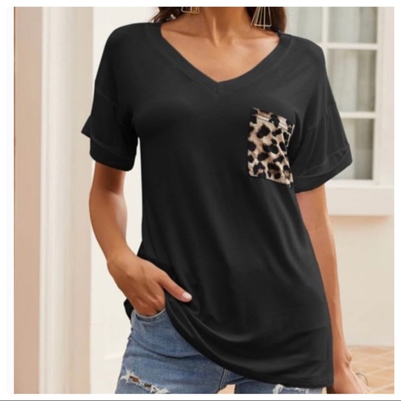 BLACK V NECK LEOPARD POCKET TUNIC TOP - Picture 7 of 14